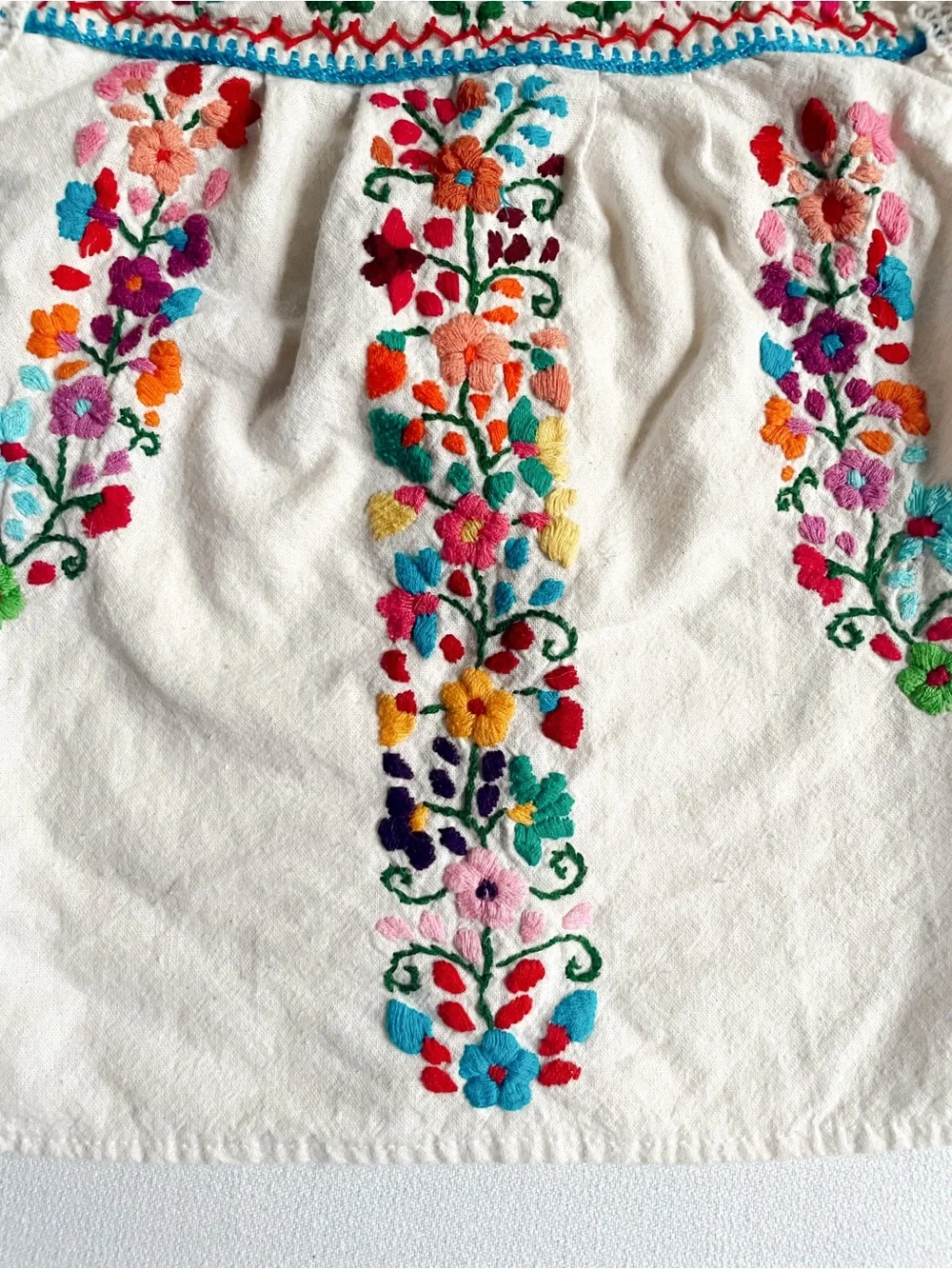 VINTAGE Dress Skirt Mexican Hand Embroidered Folk Art Cotton Top Handmade